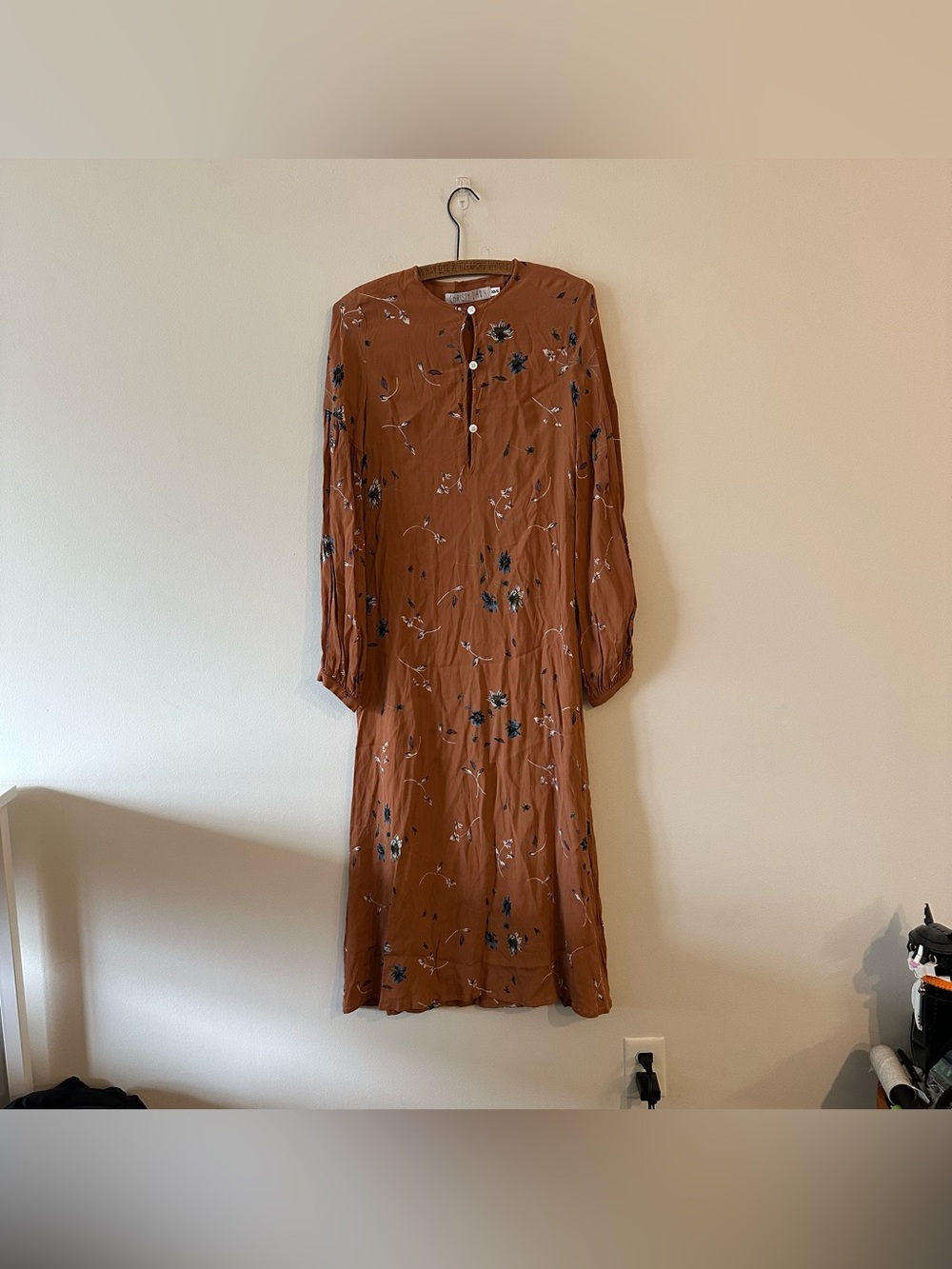 Rare Christy Dawn Florence Dress Tan Floral Maxi Long Sleeve Button Boho XS/S

V